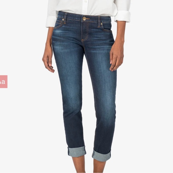 KUT from the Kloth NWT Uma Cuffed Boyfriend Medium Dark Wash Denim Jeans Size 0 - Picture 1 of 16